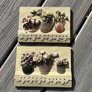 Set of 2 Vintage Cheri Blum 3D Wall Plaques Raised Flowers In Vases